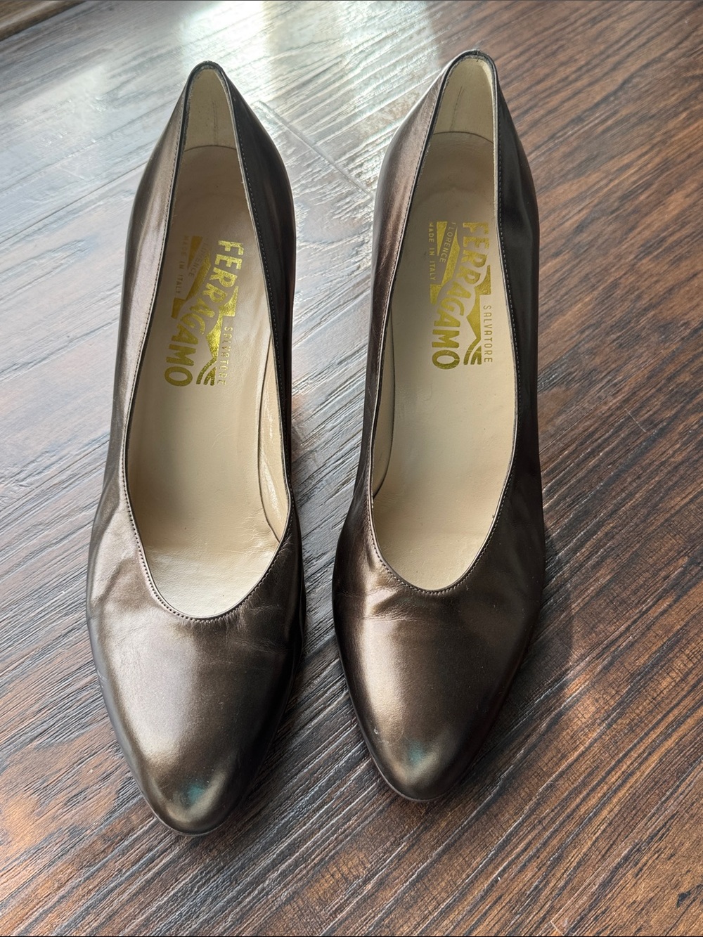Salvatore Ferragamo Metallic Bronze Leather Pointed-Toe Pumps